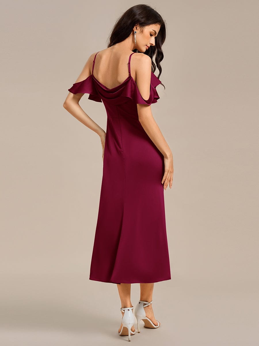 Ruffled Off Shoulder Satin Midi Mermaid Bridesmaid Dress #color_Burgundy