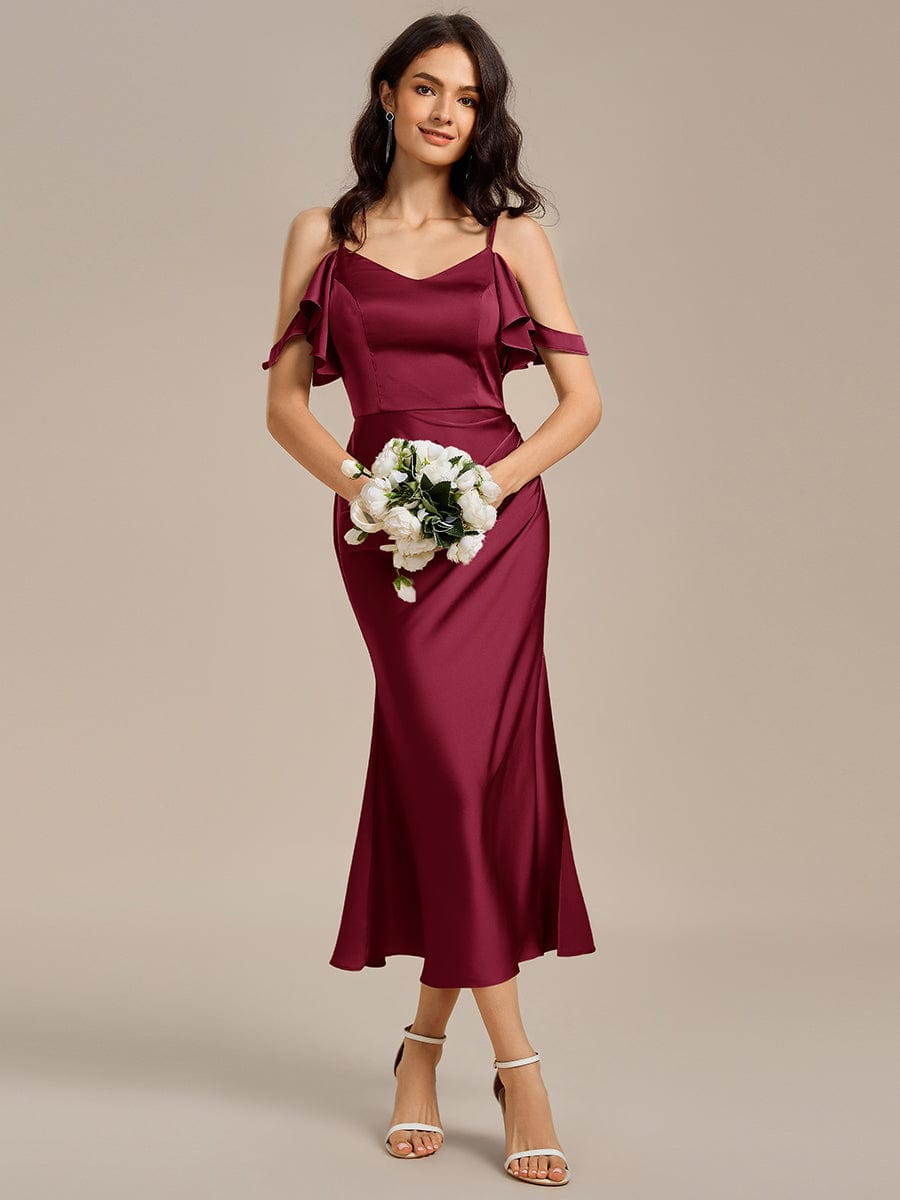 Ruffled Off Shoulder Satin Midi Mermaid Bridesmaid Dress #color_Burgundy