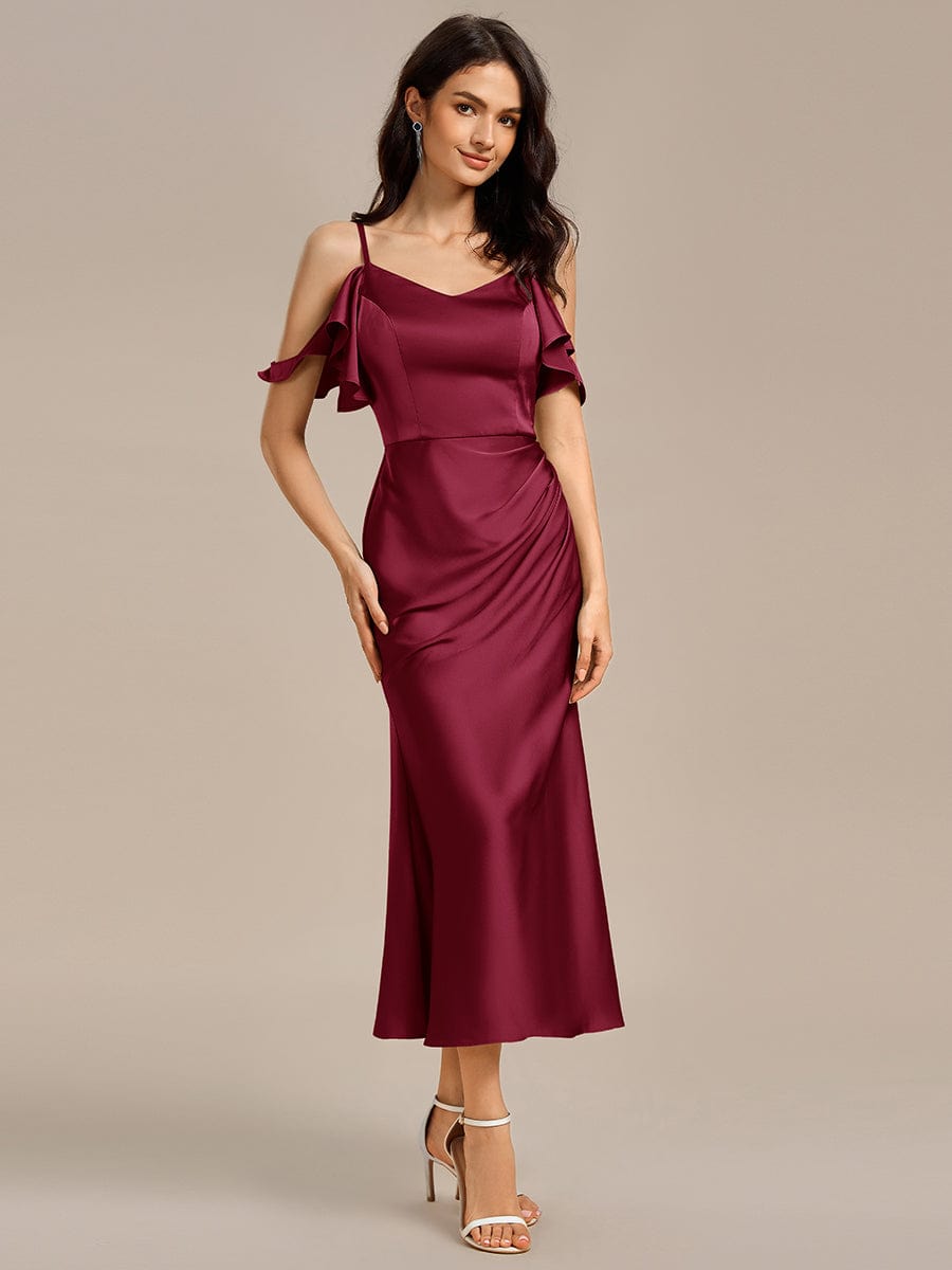 Ruffled Off Shoulder Satin Midi Mermaid Bridesmaid Dress #color_Burgundy
