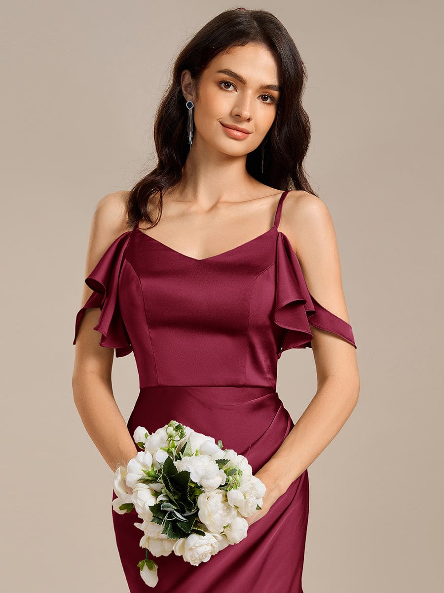 Ruffled Off Shoulder Satin Midi Mermaid Bridesmaid Dress #color_Burgundy