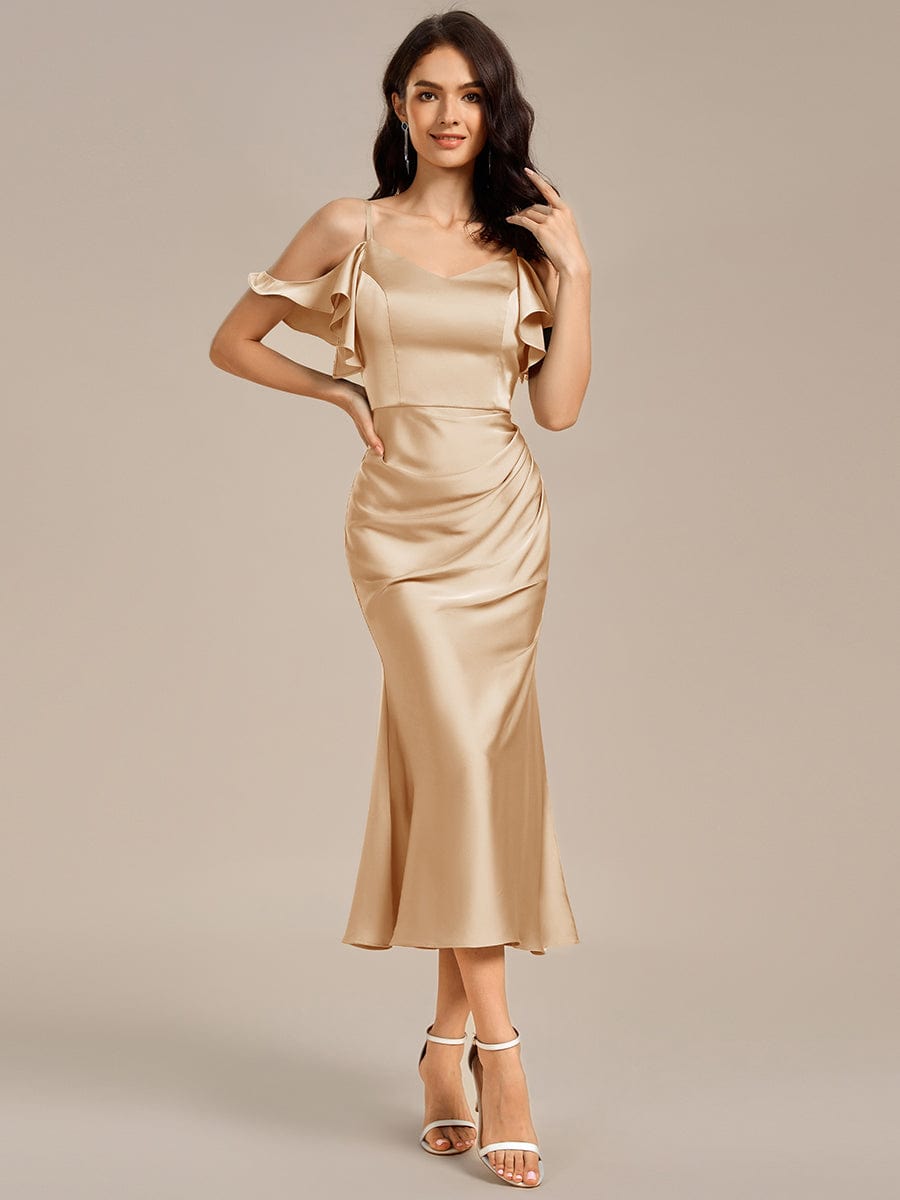 Ruffled Off Shoulder Satin Midi Mermaid Bridesmaid Dress #color_Champagne