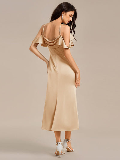 Ruffled Off Shoulder Satin Midi Mermaid Bridesmaid Dress #color_Champagne