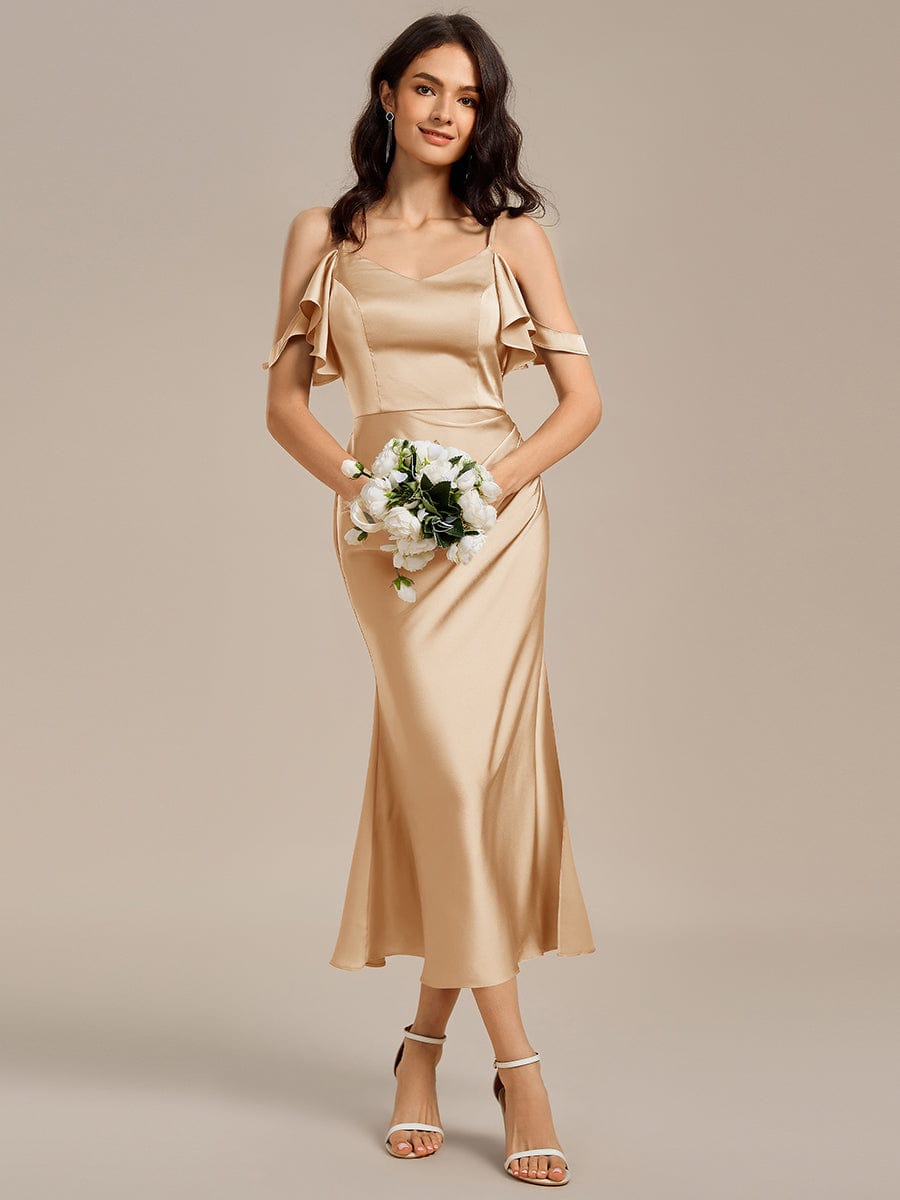 Ruffled Off Shoulder Satin Midi Mermaid Bridesmaid Dress #color_Champagne