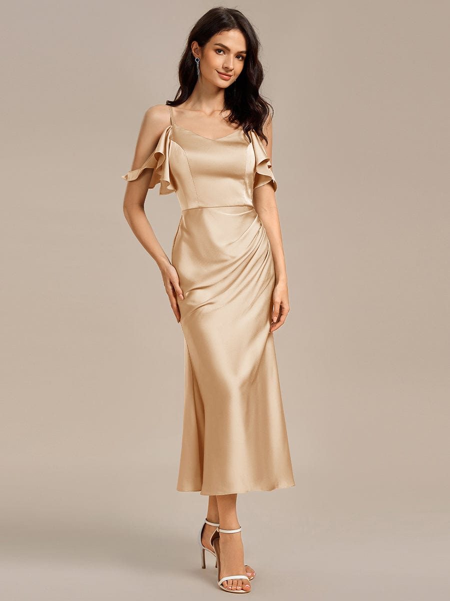 Ruffled Off Shoulder Satin Midi Mermaid Bridesmaid Dress #color_Champagne