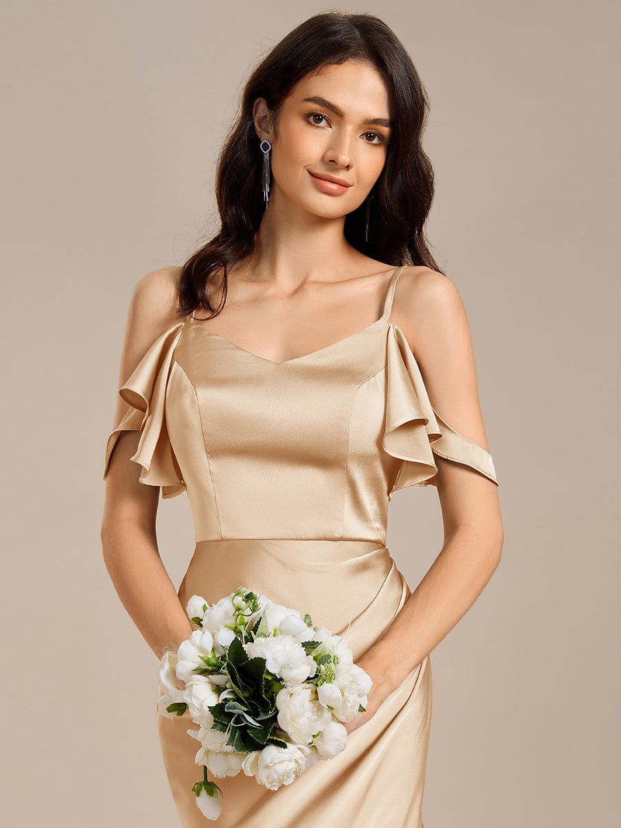Ruffled Off Shoulder Satin Midi Mermaid Bridesmaid Dress #color_Champagne