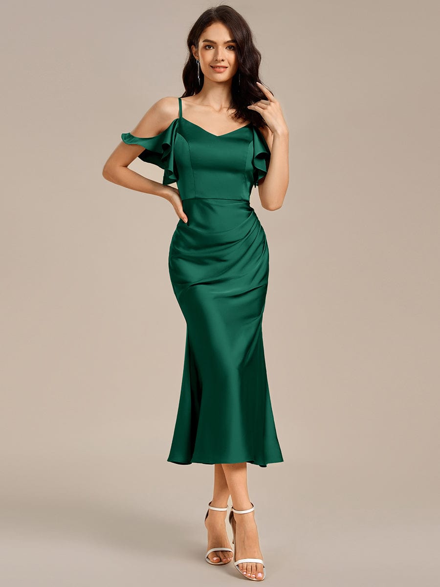 Ruffled Off Shoulder Satin Midi Mermaid Bridesmaid Dress #color_Dark Green