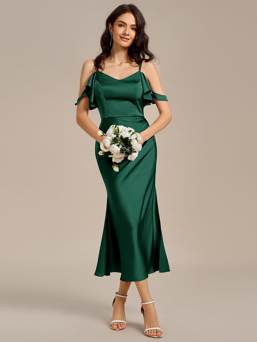Ruffled Off Shoulder Satin Midi Mermaid Bridesmaid Dress #color_Dark Green