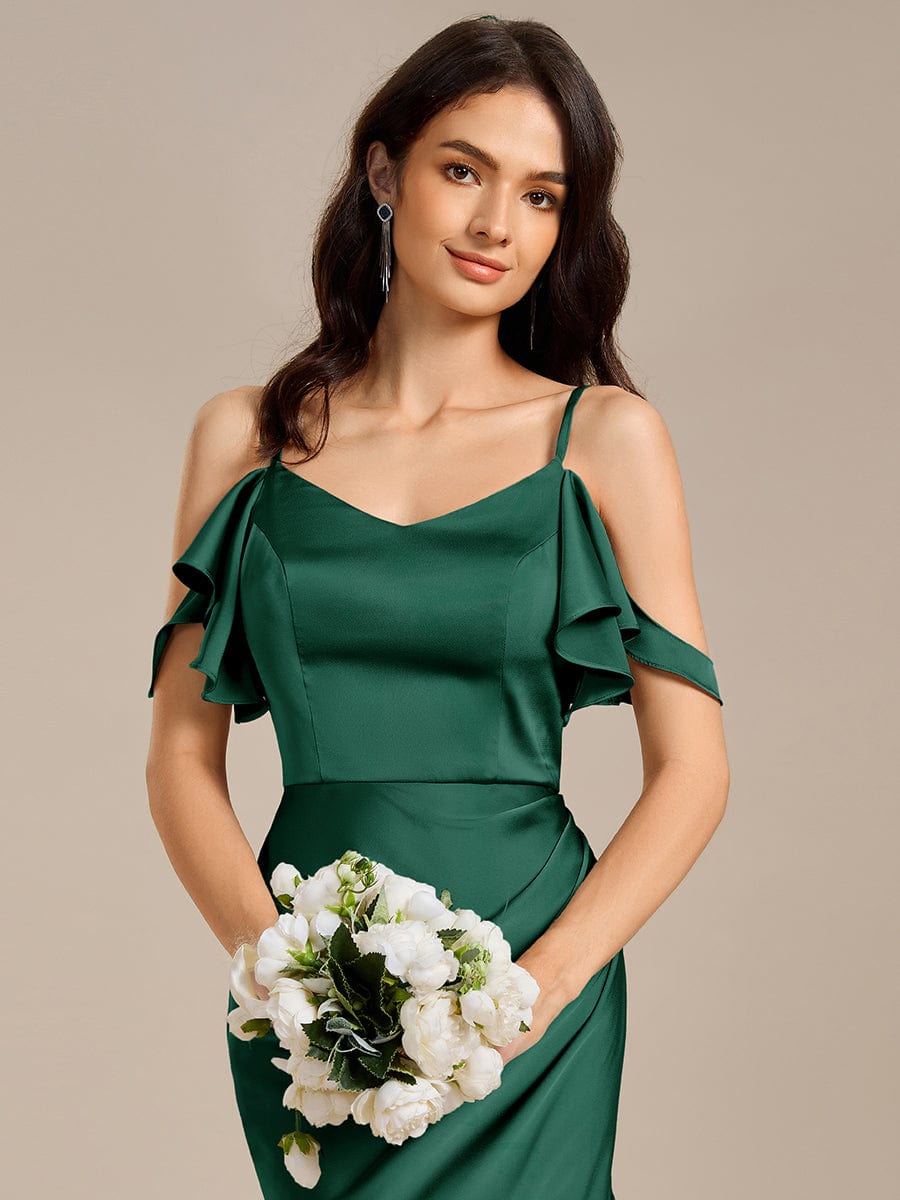 Ruffled Off Shoulder Satin Midi Mermaid Bridesmaid Dress #color_Dark Green