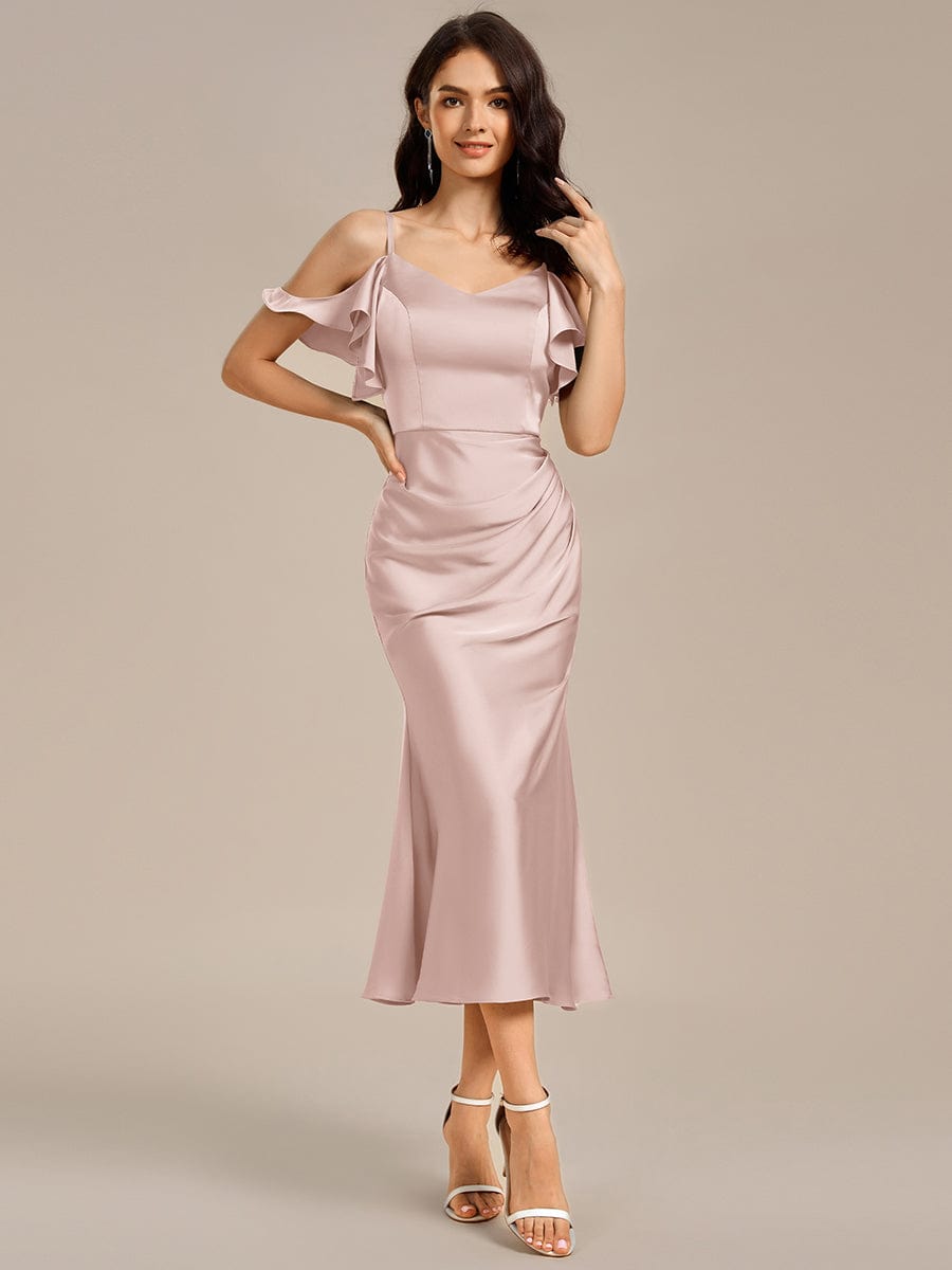 Ruffled Off Shoulder Satin Midi Mermaid Bridesmaid Dress #color_Pink