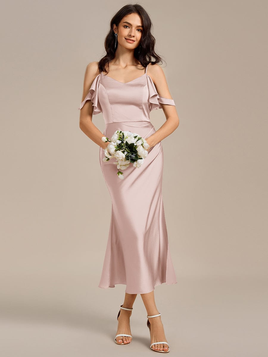 Ruffled Off Shoulder Satin Midi Mermaid Bridesmaid Dress #color_Pink