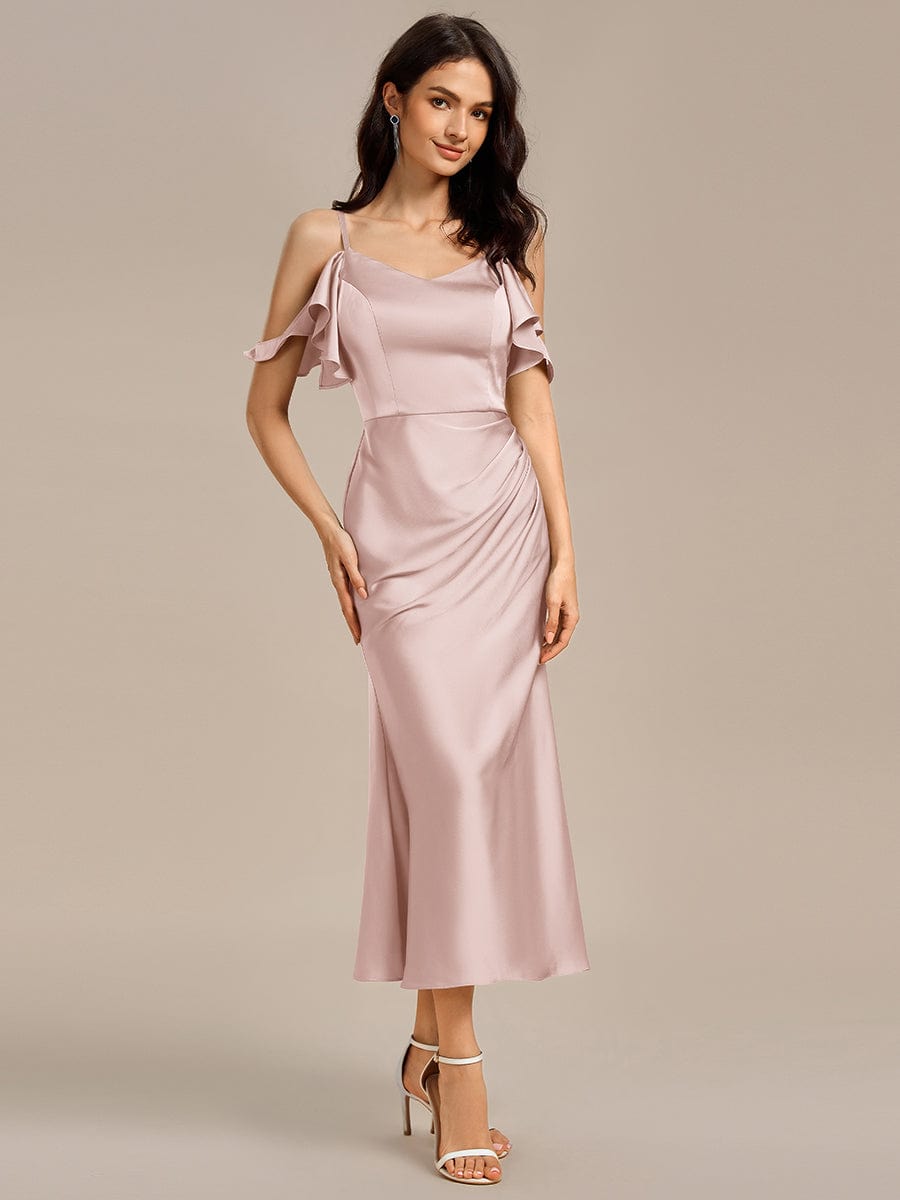 Ruffled Off Shoulder Satin Midi Mermaid Bridesmaid Dress #color_Pink