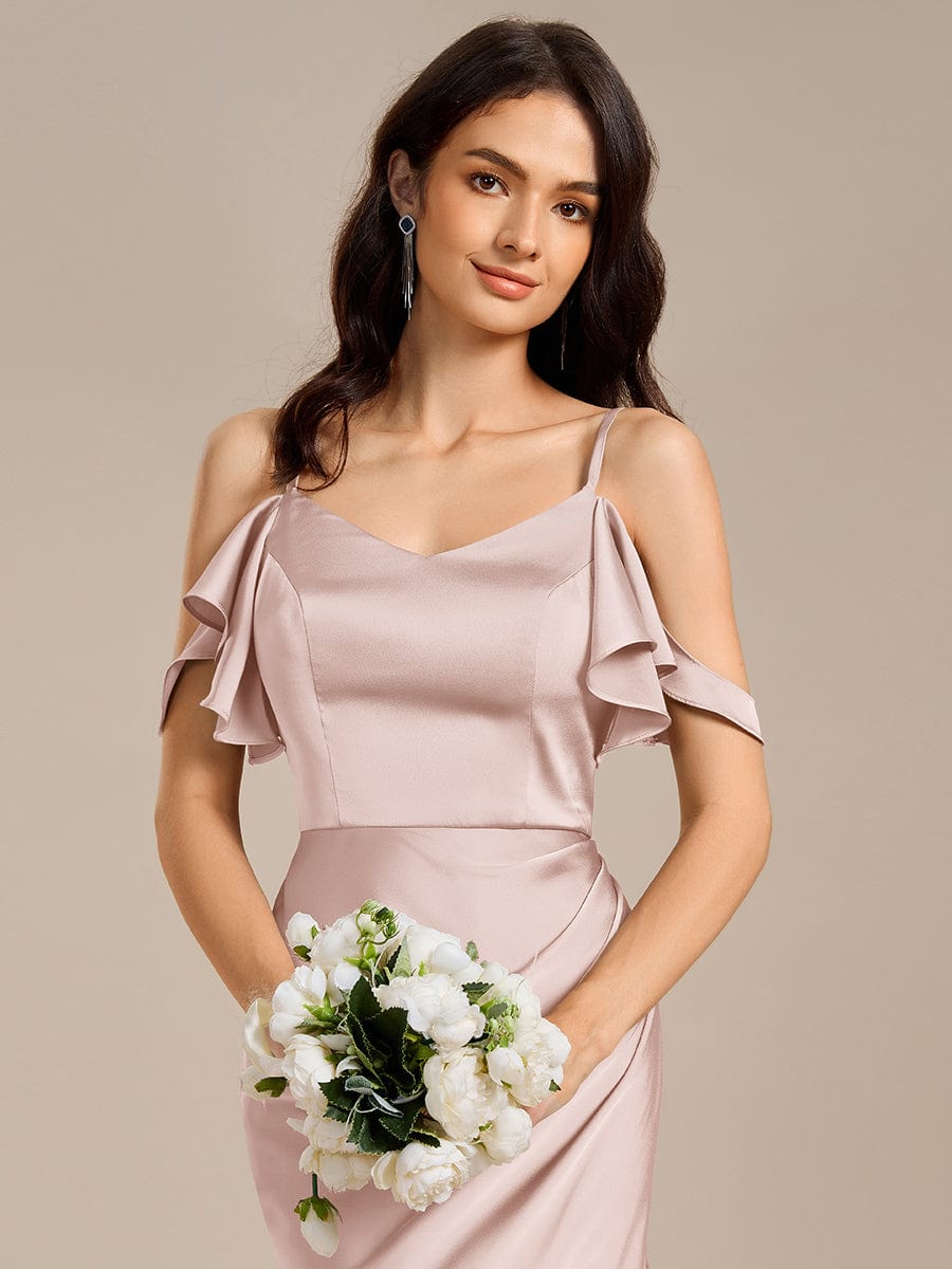 Ruffled Off Shoulder Satin Midi Mermaid Bridesmaid Dress #color_Pink