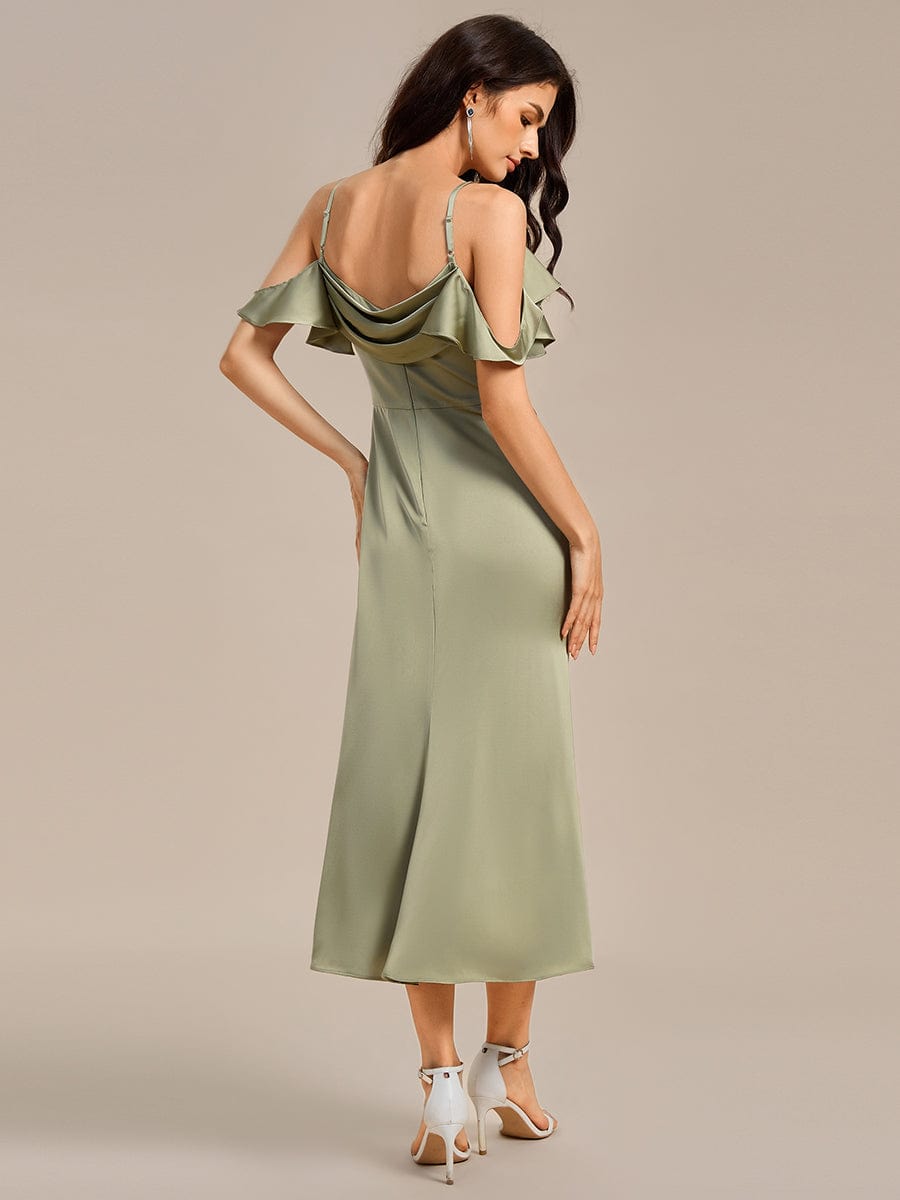 Ruffled Off Shoulder Satin Midi Mermaid Bridesmaid Dress #color_Sage Green