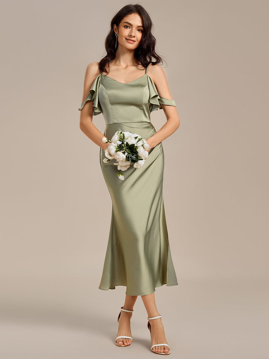 Ruffled Off Shoulder Satin Midi Mermaid Bridesmaid Dress #color_Sage Green