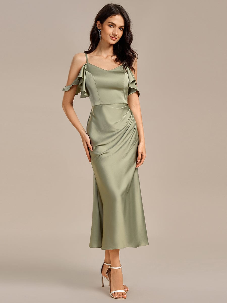 Ruffled Off Shoulder Satin Midi Mermaid Bridesmaid Dress #color_Sage Green