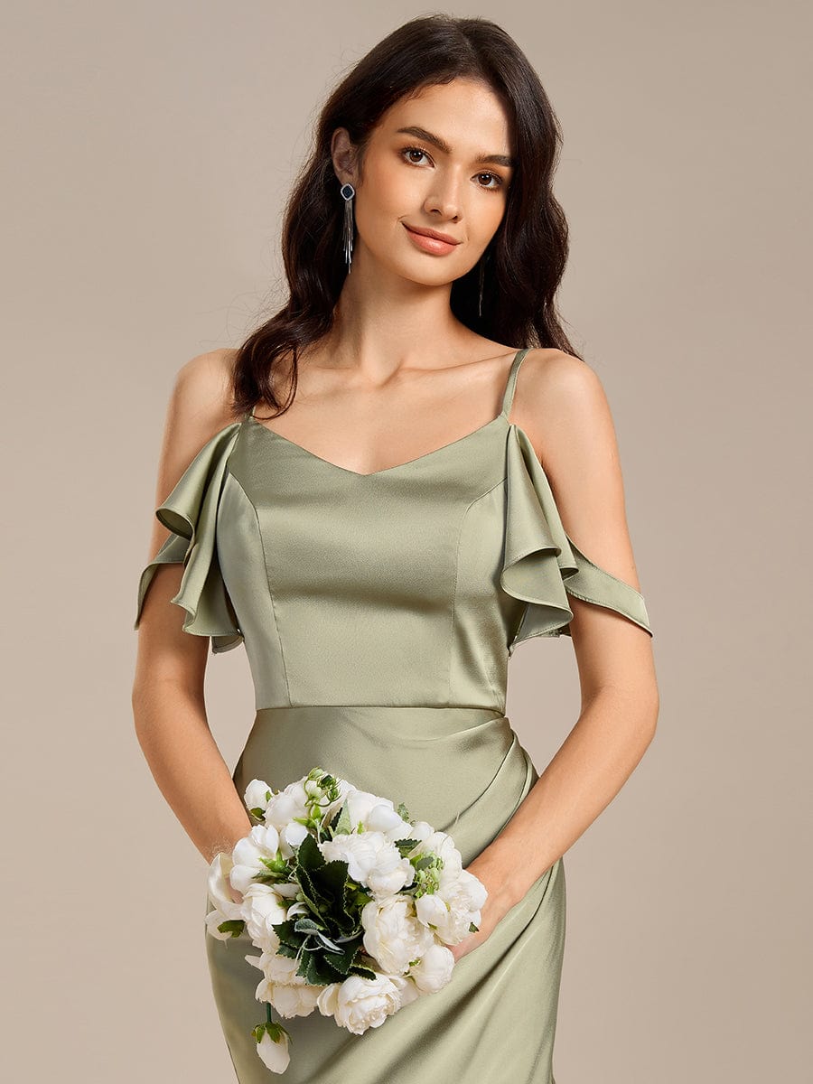 Ruffled Off Shoulder Satin Midi Mermaid Bridesmaid Dress #color_Sage Green