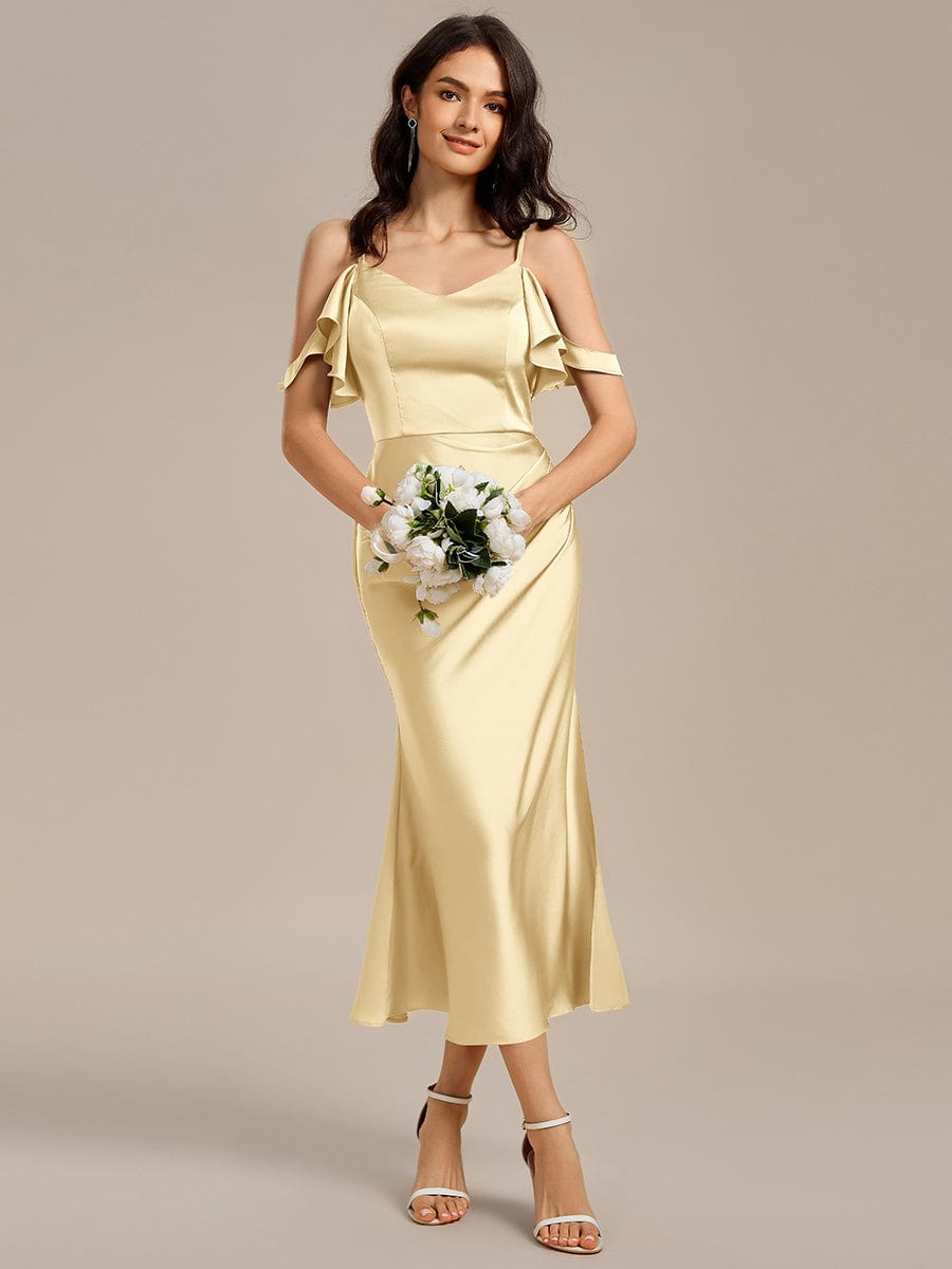 Ruffled Off Shoulder Satin Midi Mermaid Bridesmaid Dress #color_Yellow