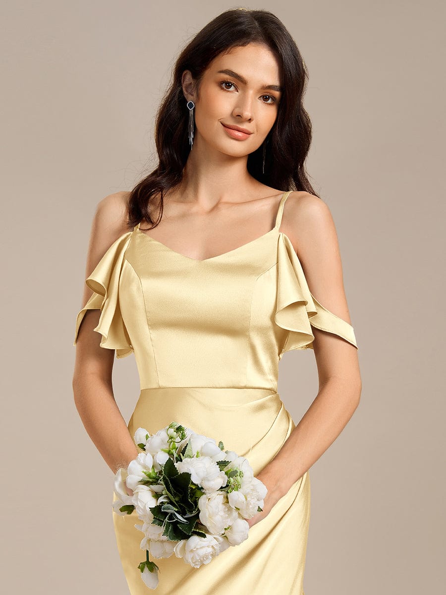Ruffled Off Shoulder Satin Midi Mermaid Bridesmaid Dress #color_Yellow