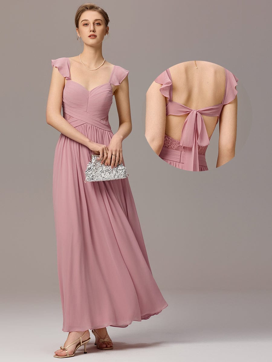 Back-Tie Pleated Ruffles Sleeves Maxi Bridesmaid Dress #color_Dusty Rose