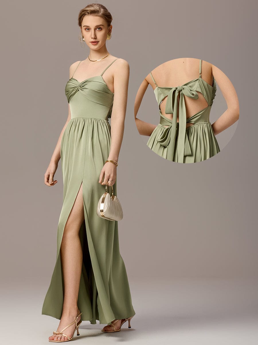 Satin Pleated Back-Tie Sleeveless Maxi Bridesmaid Dress #color_Sage Green