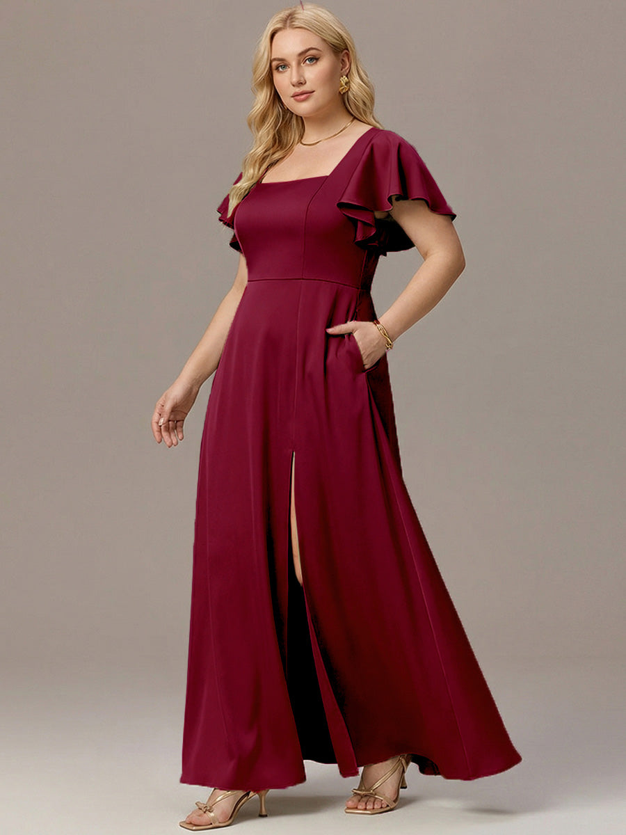 Plus Size Square Neck Flutter Sleeve Maxi Bridesmaid Dress with Pockets #color_Burgundy