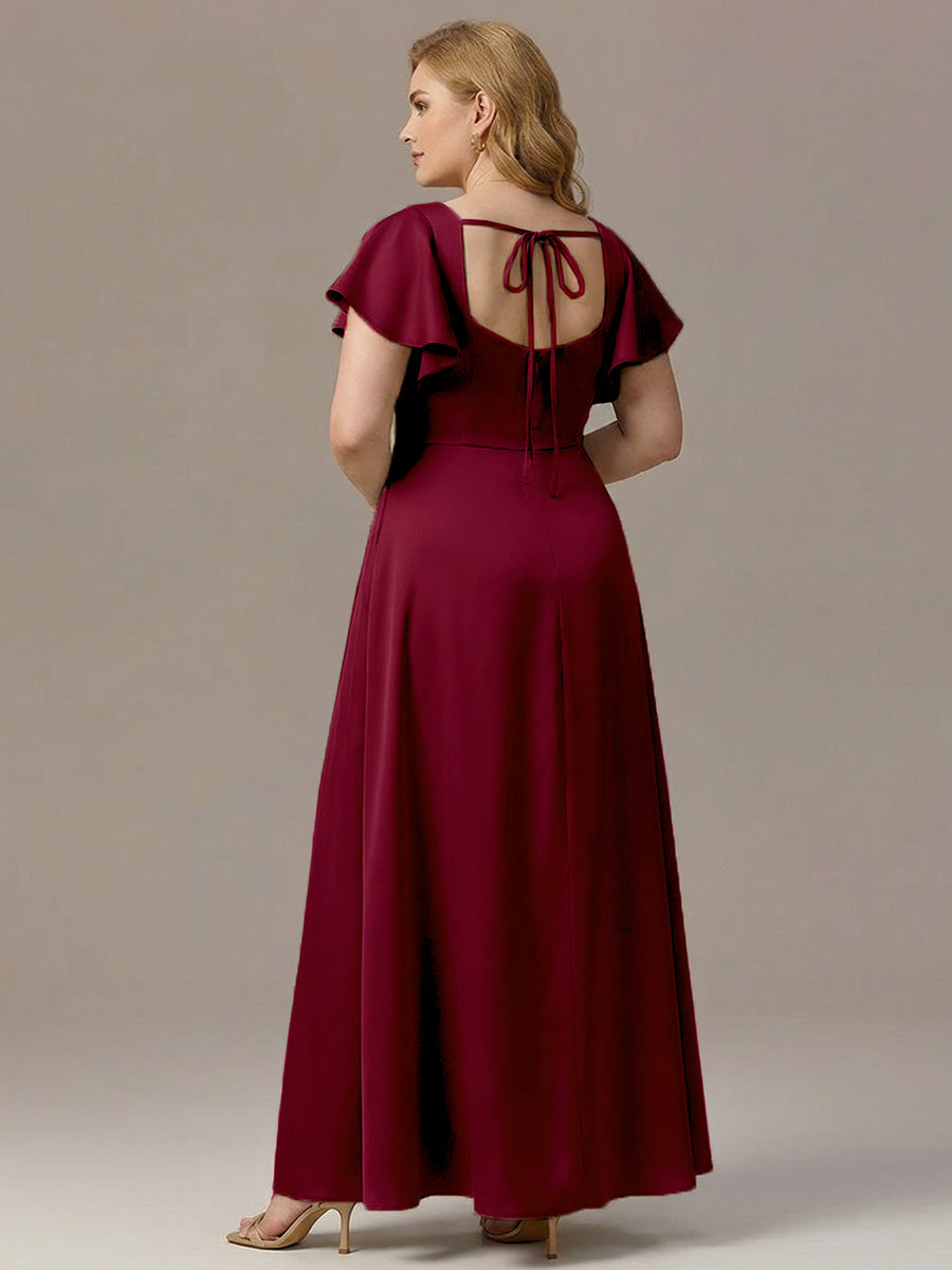 Plus Size Square Neck Flutter Sleeve Maxi Bridesmaid Dress with Pockets #color_Burgundy