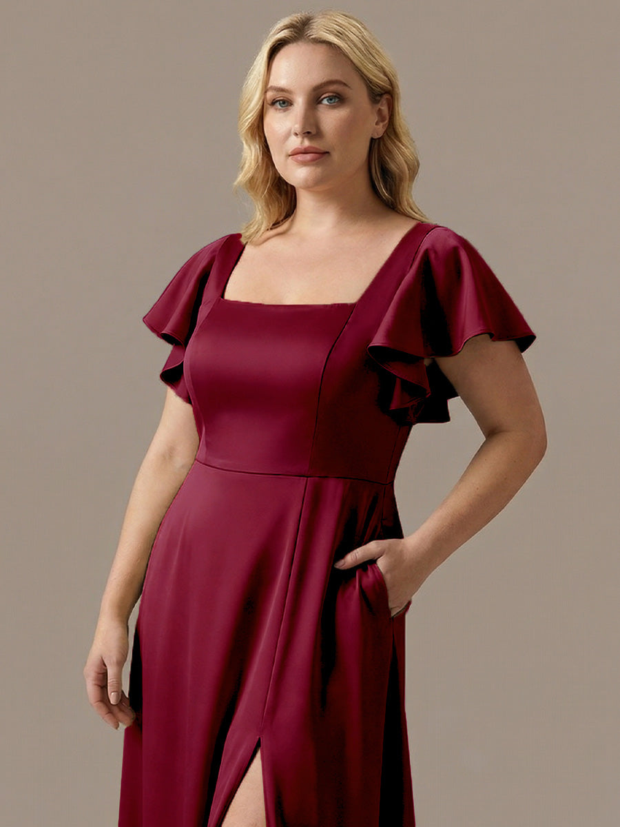 Satin Square Neck Short Sleeve Ruffled Maxi Bridesmaid Dress #color_Burgundy