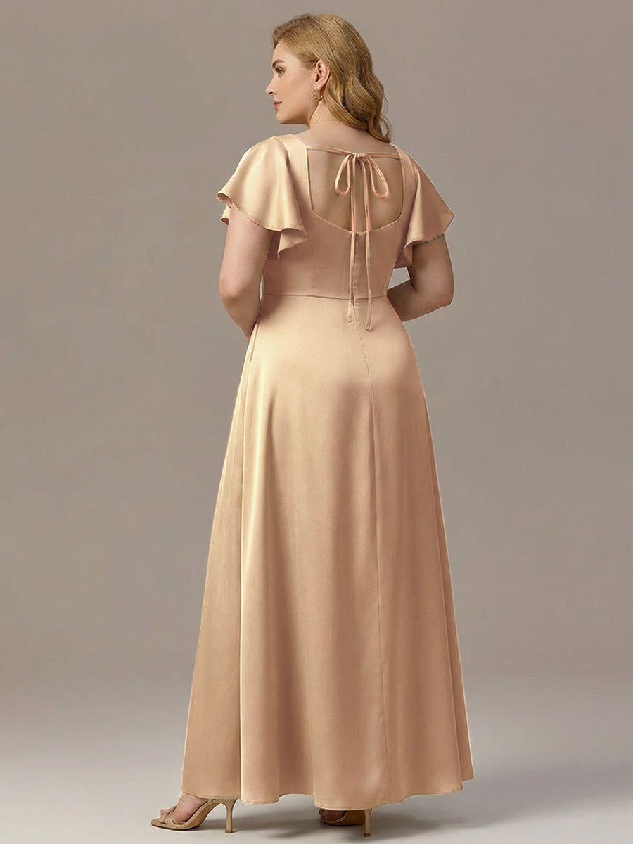 Plus Size Square Neck Flutter Sleeve Maxi Bridesmaid Dress with Pockets #color_Champagne