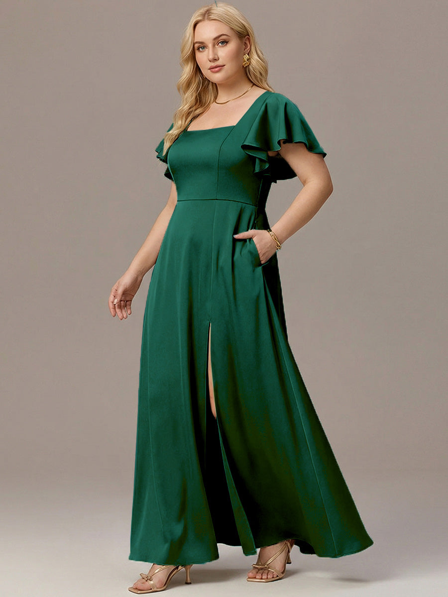 Satin Square Neck Short Sleeve Ruffled Maxi Bridesmaid Dress #color_Dark Green
