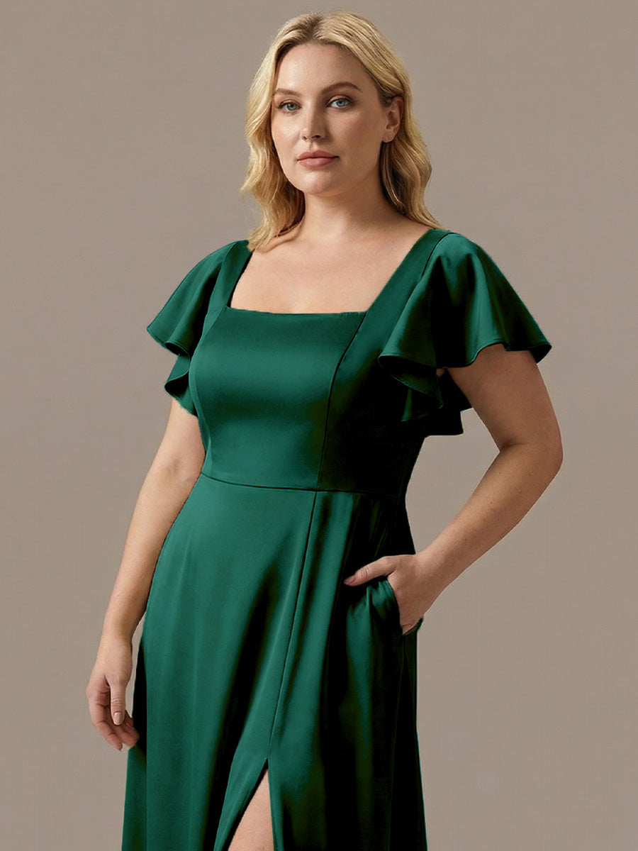 Satin Square Neck Short Sleeve Ruffled Maxi Bridesmaid Dress #color_Dark Green