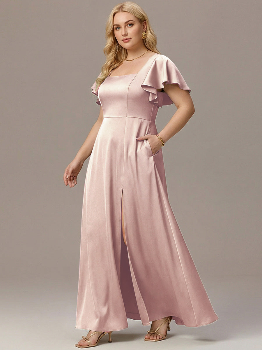 Plus Size Square Neck Flutter Sleeve Maxi Bridesmaid Dress with Pockets #color_Pink