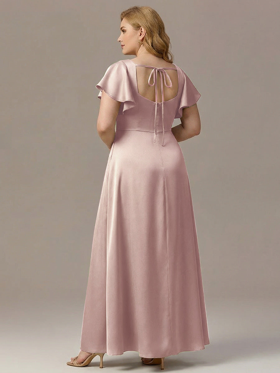 Plus Size Square Neck Flutter Sleeve Maxi Bridesmaid Dress with Pockets #color_Pink