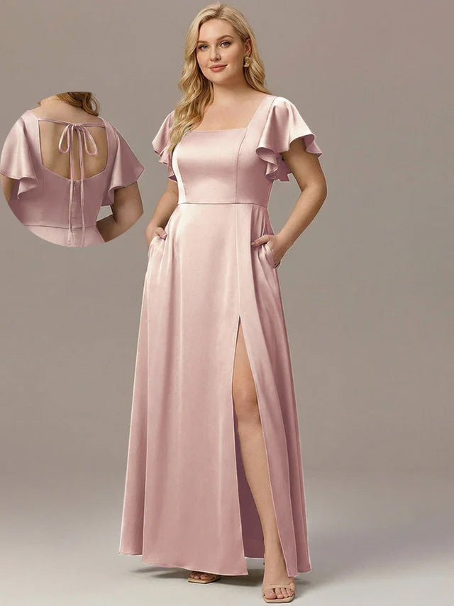 Plus Size Square Neck Flutter Sleeve Maxi Bridesmaid Dress with Pockets #color_Pink