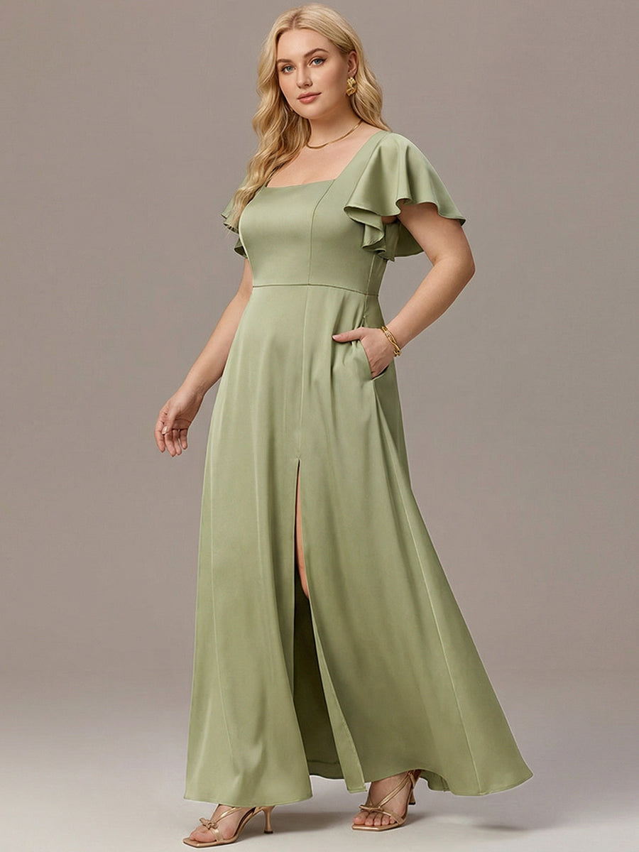 Plus Size Square Neck Flutter Sleeve Maxi Bridesmaid Dress with Pockets #color_Sage Green