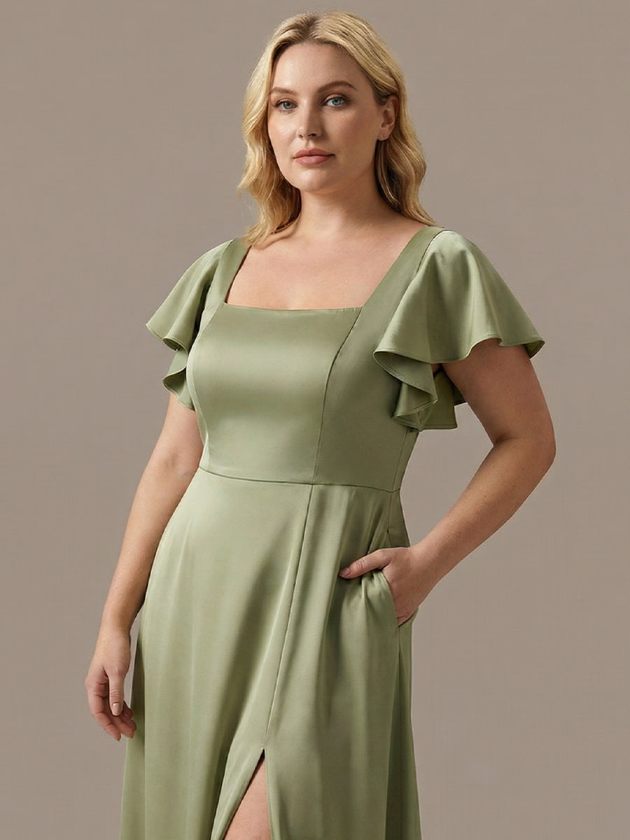 Plus Size Square Neck Flutter Sleeve Maxi Bridesmaid Dress with Pockets #color_Sage Green