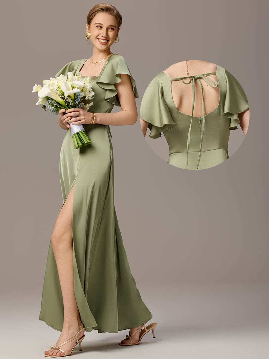 Satin Square Neck Short Sleeve Ruffled Maxi Bridesmaid Dress #color_Sage Green