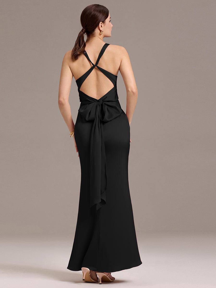 Elegant Strappy Bow Back Satin Mermaid Bridesmaid Dress #color_Black