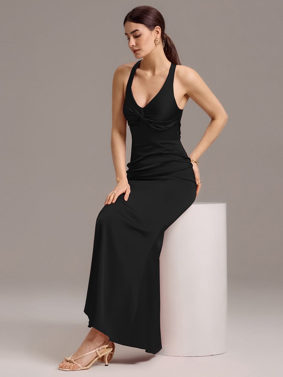 Elegant Strappy Bow Back Satin Mermaid Bridesmaid Dress #color_Black