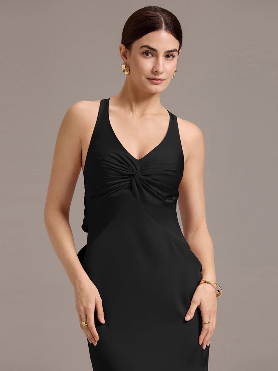 Elegant Strappy Bow Back Satin Mermaid Bridesmaid Dress #color_Black