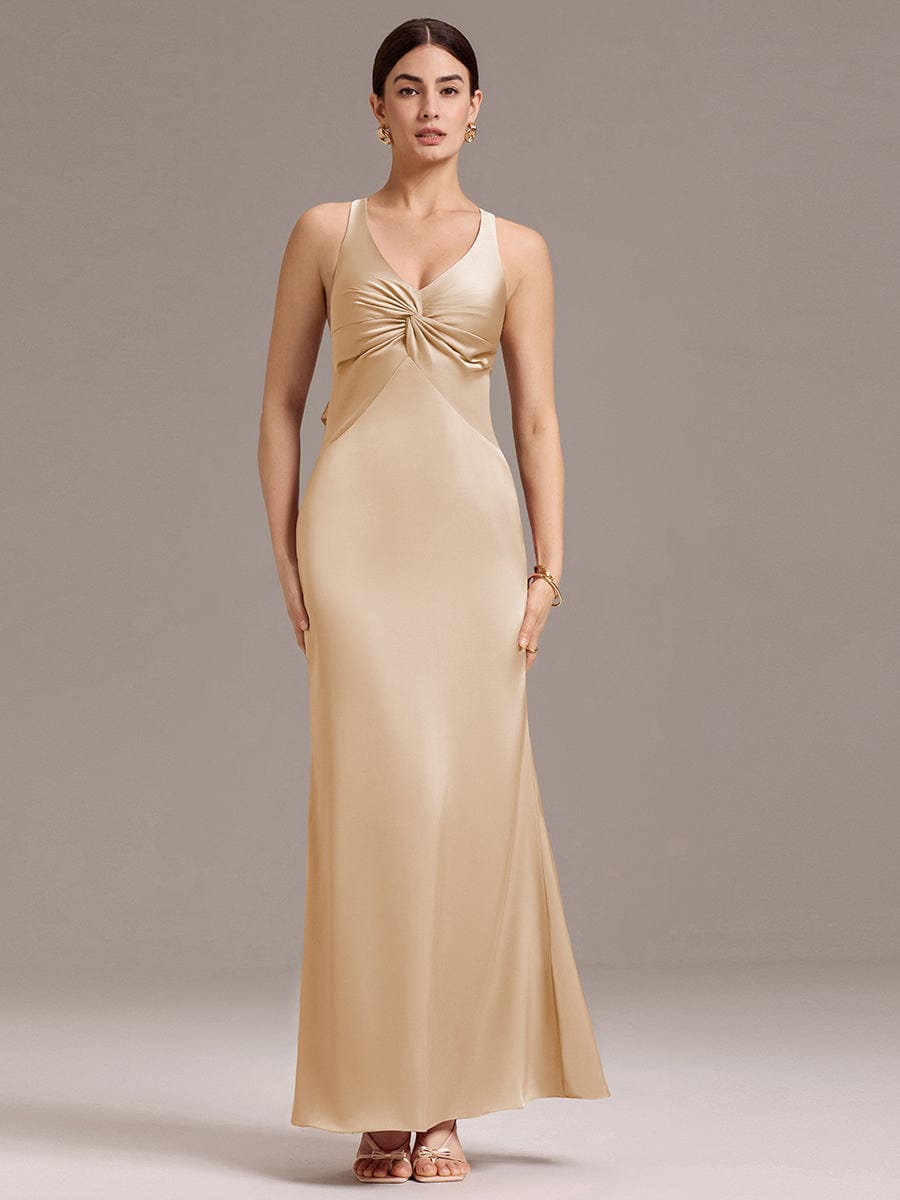 Elegant Strappy Bow Back Satin Mermaid Bridesmaid Dress #color_Champagne