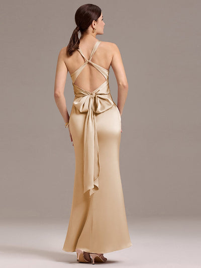 Elegant Strappy Bow Back Satin Mermaid Bridesmaid Dress #color_Champagne