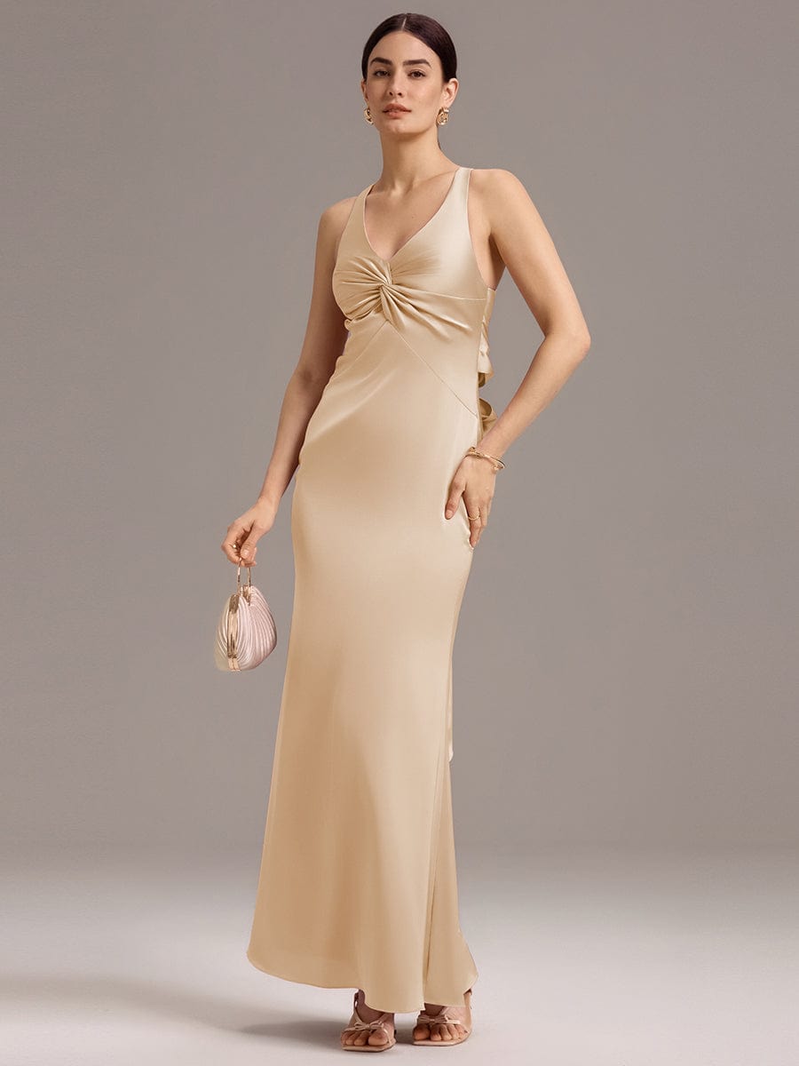 Elegant Strappy Bow Back Satin Mermaid Bridesmaid Dress #color_Champagne