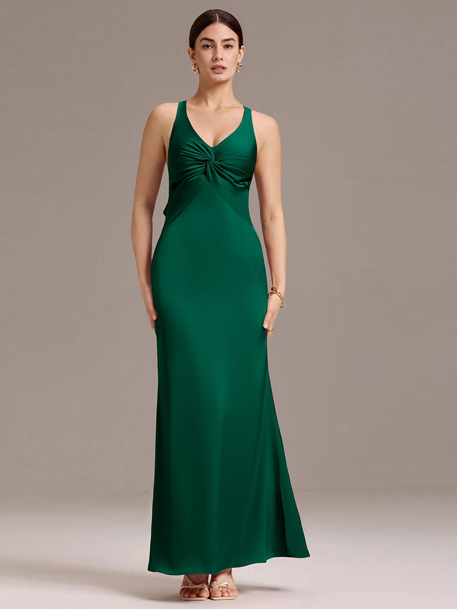 Elegant Strappy Bow Back Satin Mermaid Bridesmaid Dress #color_Dark Green