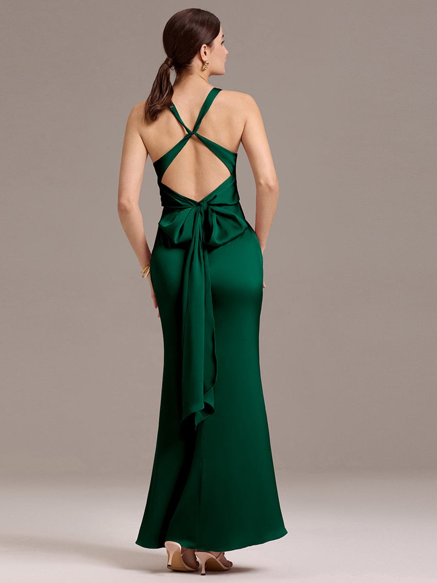 Elegant Strappy Bow Back Satin Mermaid Bridesmaid Dress #color_Dark Green