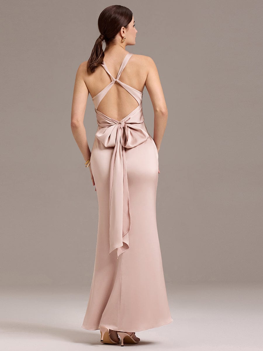 Elegant Strappy Bow Back Satin Mermaid Bridesmaid Dress #color_Pink