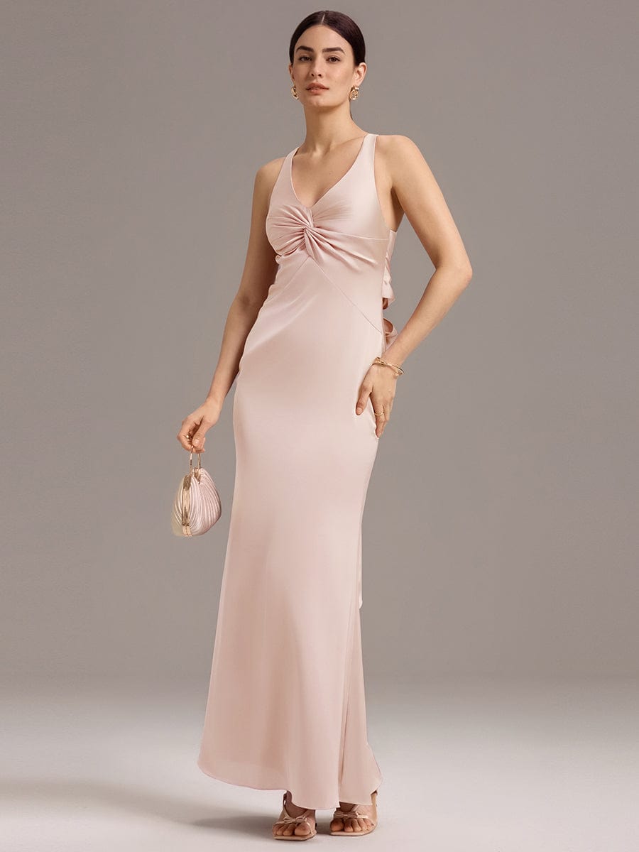 Elegant Strappy Bow Back Satin Mermaid Bridesmaid Dress #color_Pink
