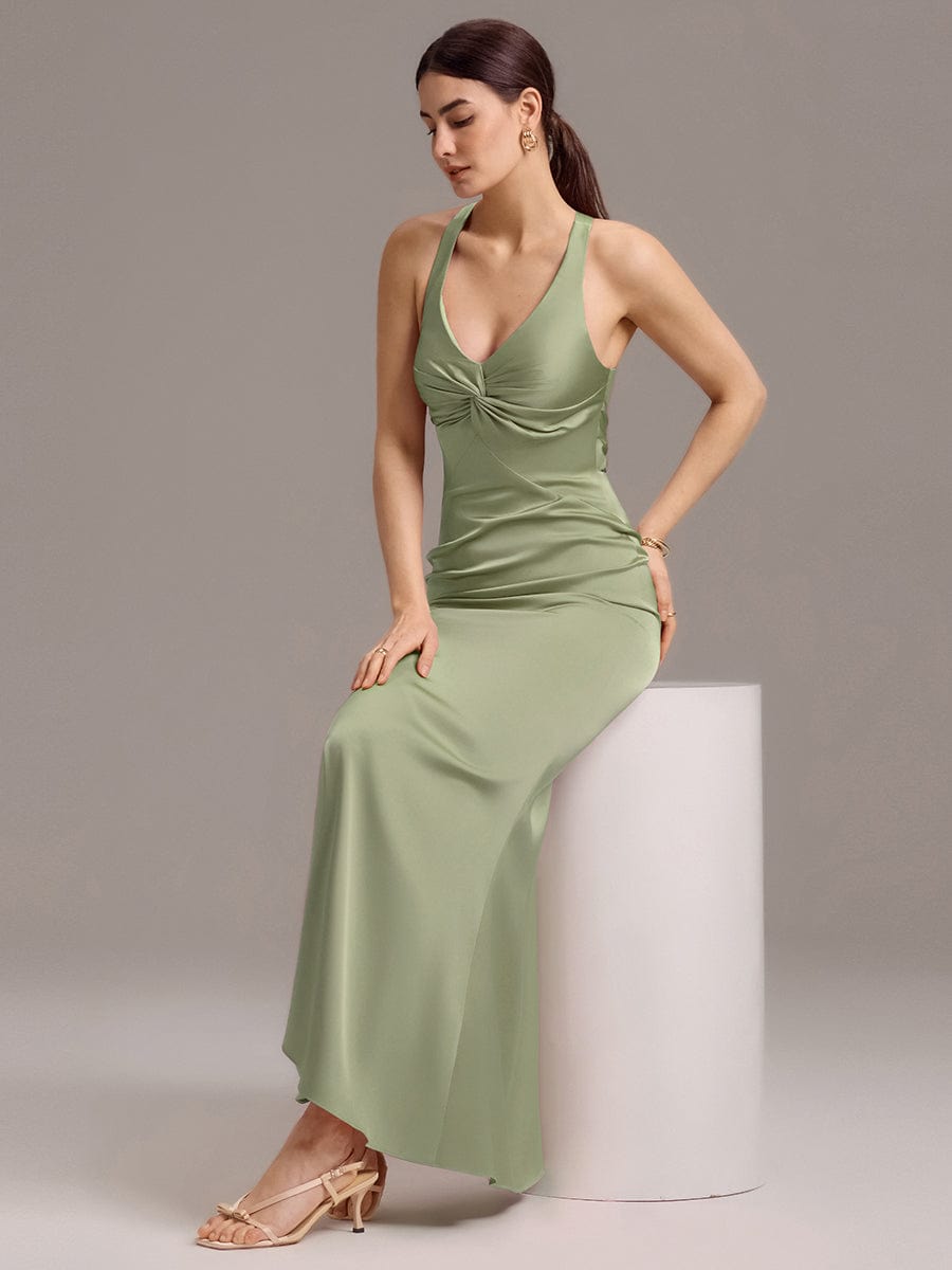 Elegant Strappy Bow Back Satin Mermaid Bridesmaid Dress #color_Sage Green