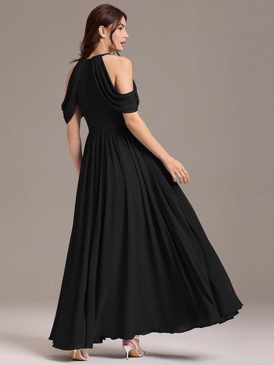 Elegant Chiffon Cold Shoulder A-Line Bridesmaid Dress with Draped Sleeves #color_Black