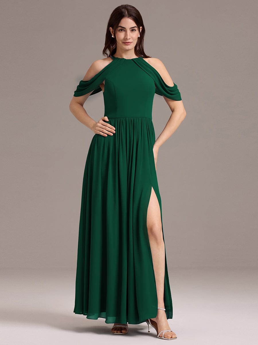 Elegant Chiffon Cold Shoulder A-Line Bridesmaid Dress with Draped Sleeves #color_Dark Green