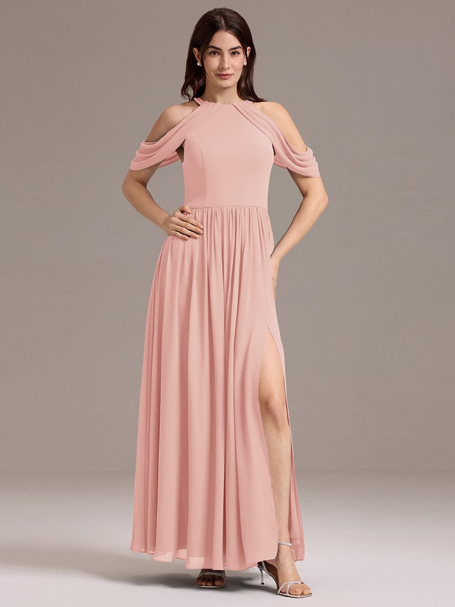 Elegant Chiffon Cold Shoulder A-Line Bridesmaid Dress with Draped Sleeves #color_Pink